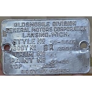 1953 Oldsmobile Body Data Tag Plate General Motors Lansing MI